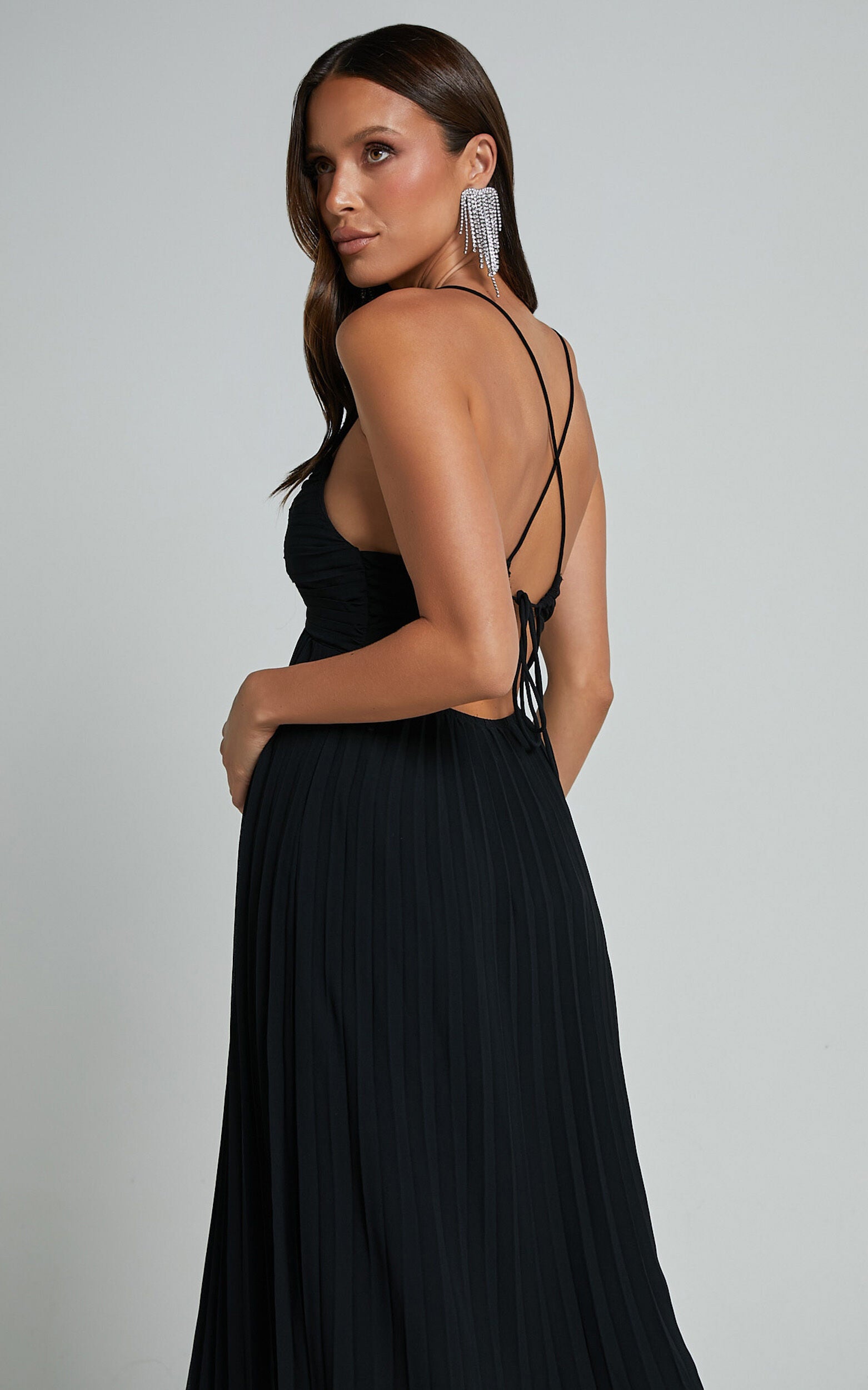Jodie Midi Dress - Pleated Chiffon Ruched Bust Midi Dress in Black