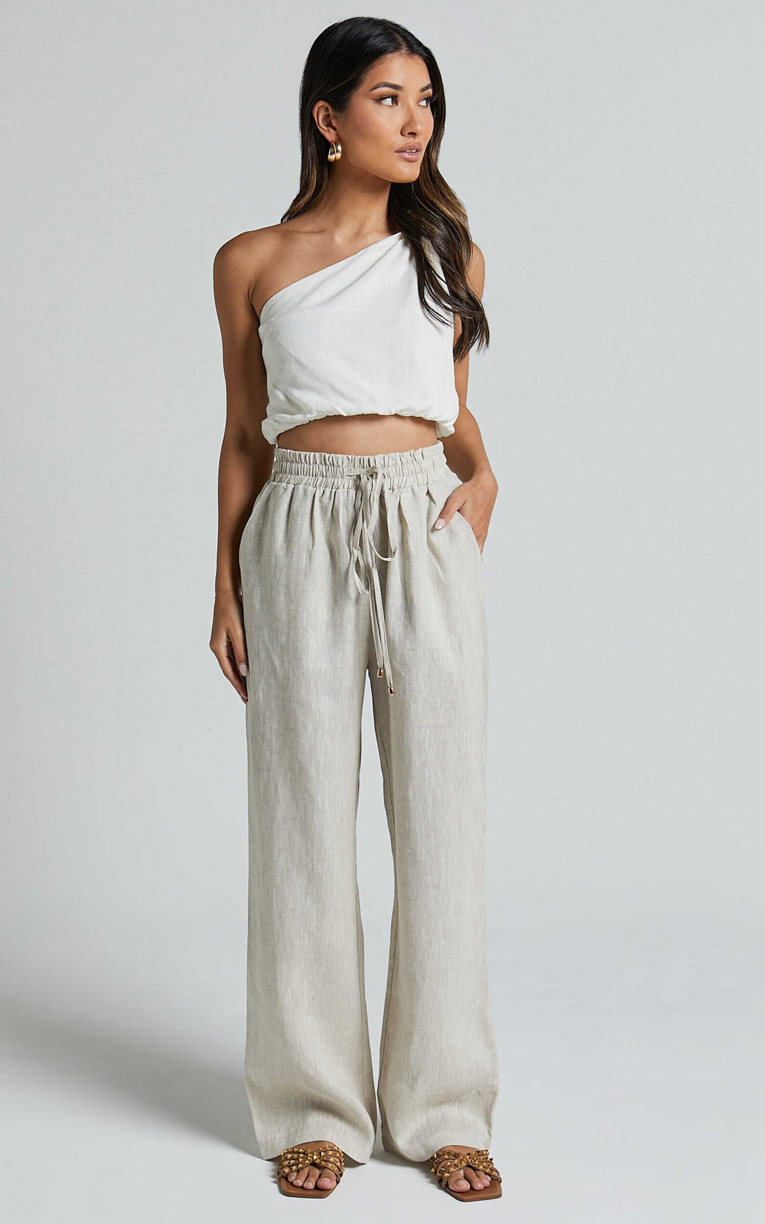 Tilly Linen Pants - Elasticated Drawstring Relaxed Linen Pants in Beige