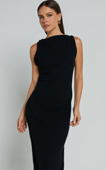 Jessenia Midi Dress - Linen High Neck Dress in Black