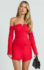 Anabelle Mini Dress - Tailored Off Shoulder Dress in Red