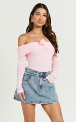 Seraphina Bodysuit - Off Shoulder Long Sleeve Detachable Rosette Mesh Bodysuit in Baby Pink