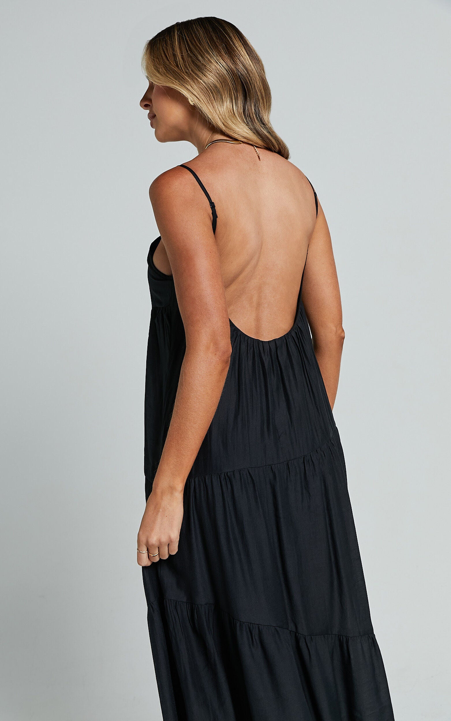 Cecila Midi Dress - Straight Neckline Sleeveless Dress in Black