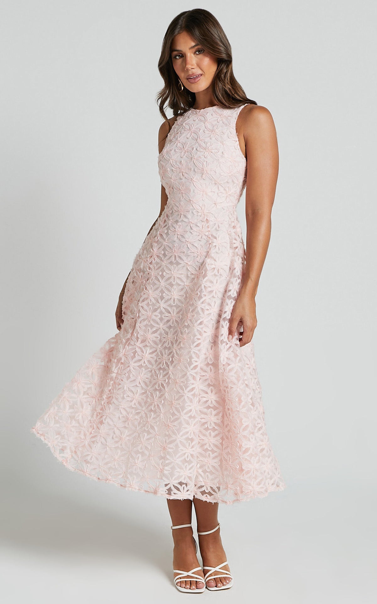 Georgina Midi Dress - Crew Neck Sleeveless A Line Dress in Blush Pink