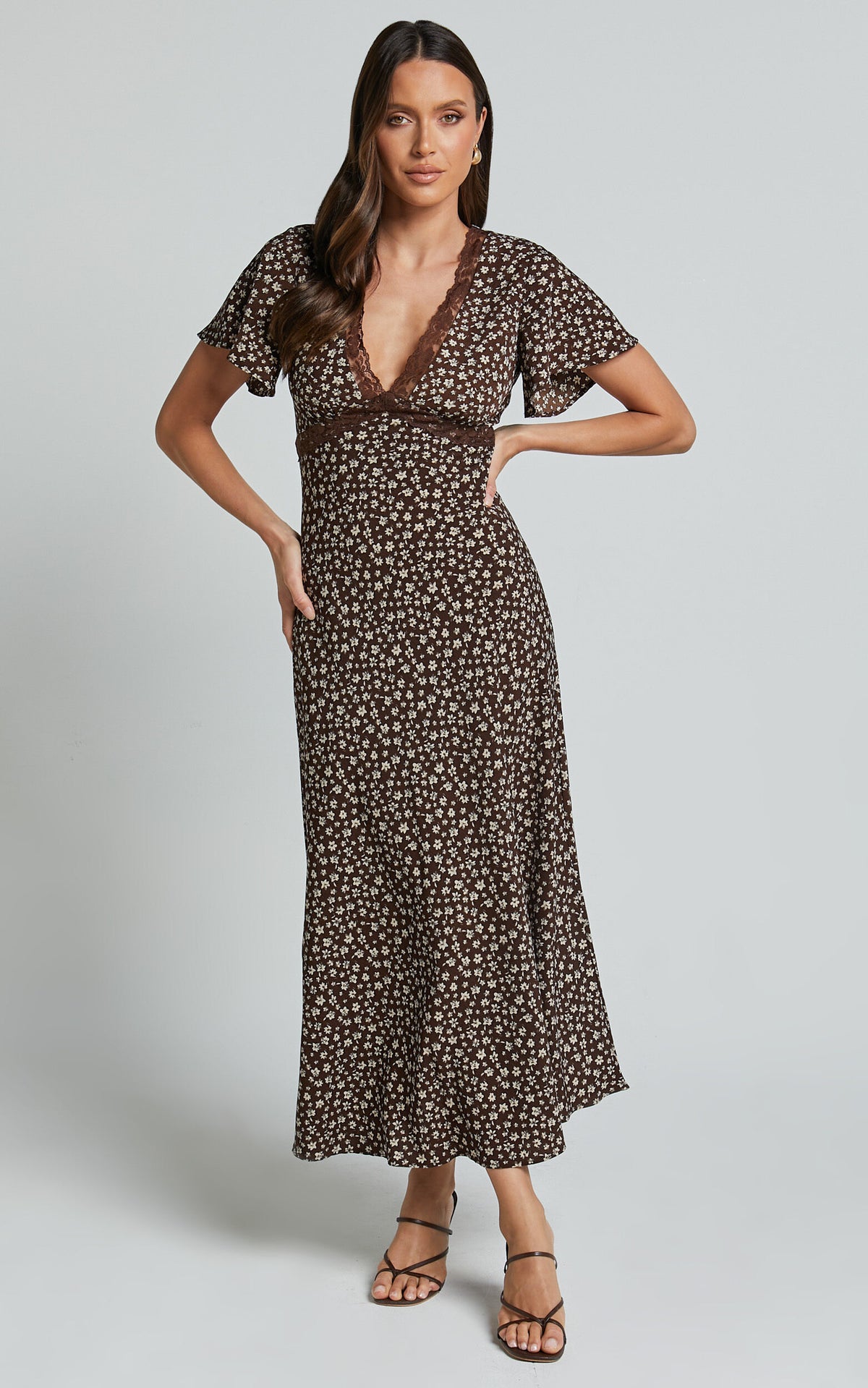 Vanya Midi Dress - V Neck Short Sleeve Lace Trim Tie Back Slip Dress in Chocolate Floral