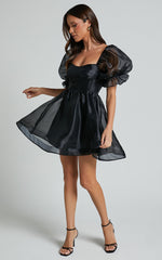 Ariya Mini Dress - Organza Puff Sleeve Dress in Black