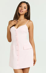 Liesie Mini Dress - Button Front V Neck Dress in Pink