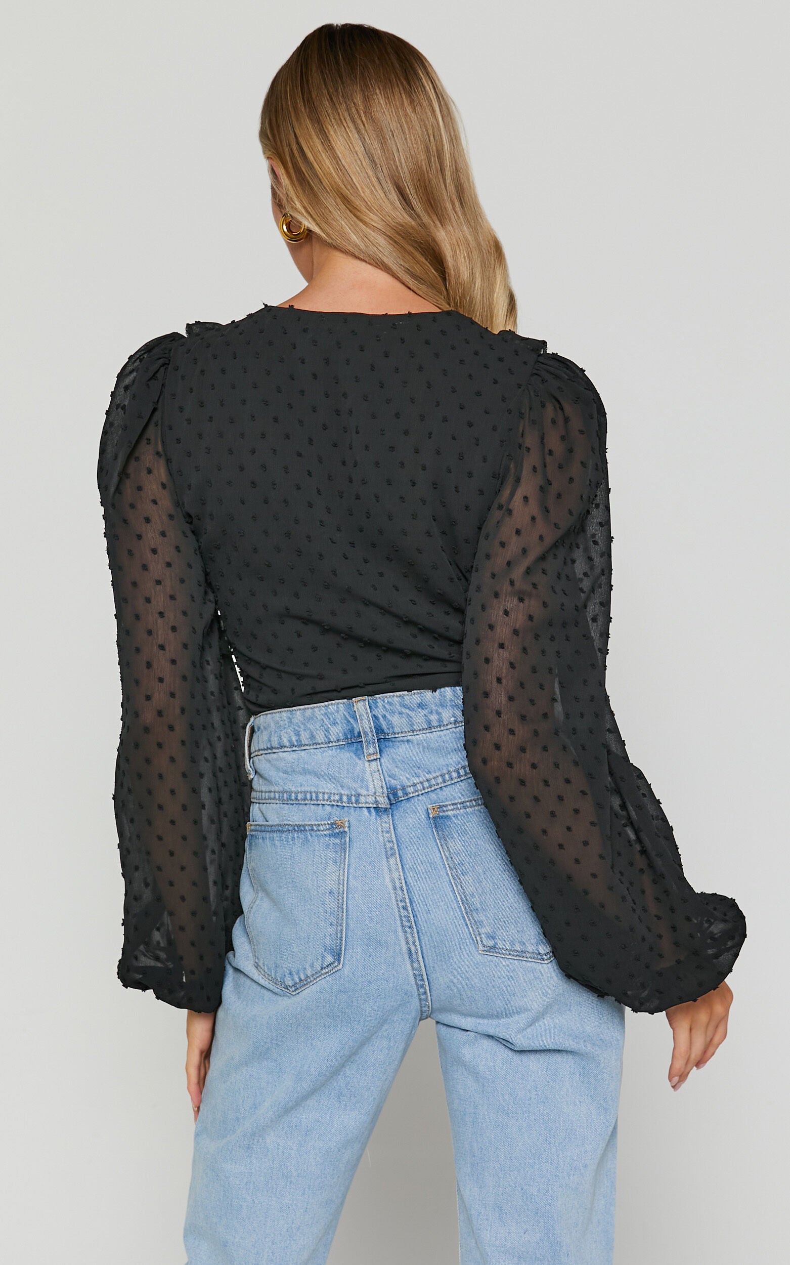 Delilah Bodysuit - V Neck Long Blouson Sleeve Bodysuit in Black