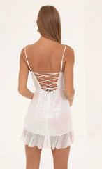 Iridescent Sequin Cowl Neck Dress in White