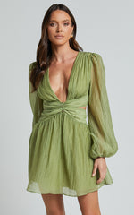 Casey Mini Dress - Plunge Neck Puff Long Sleeve Dress in Sage