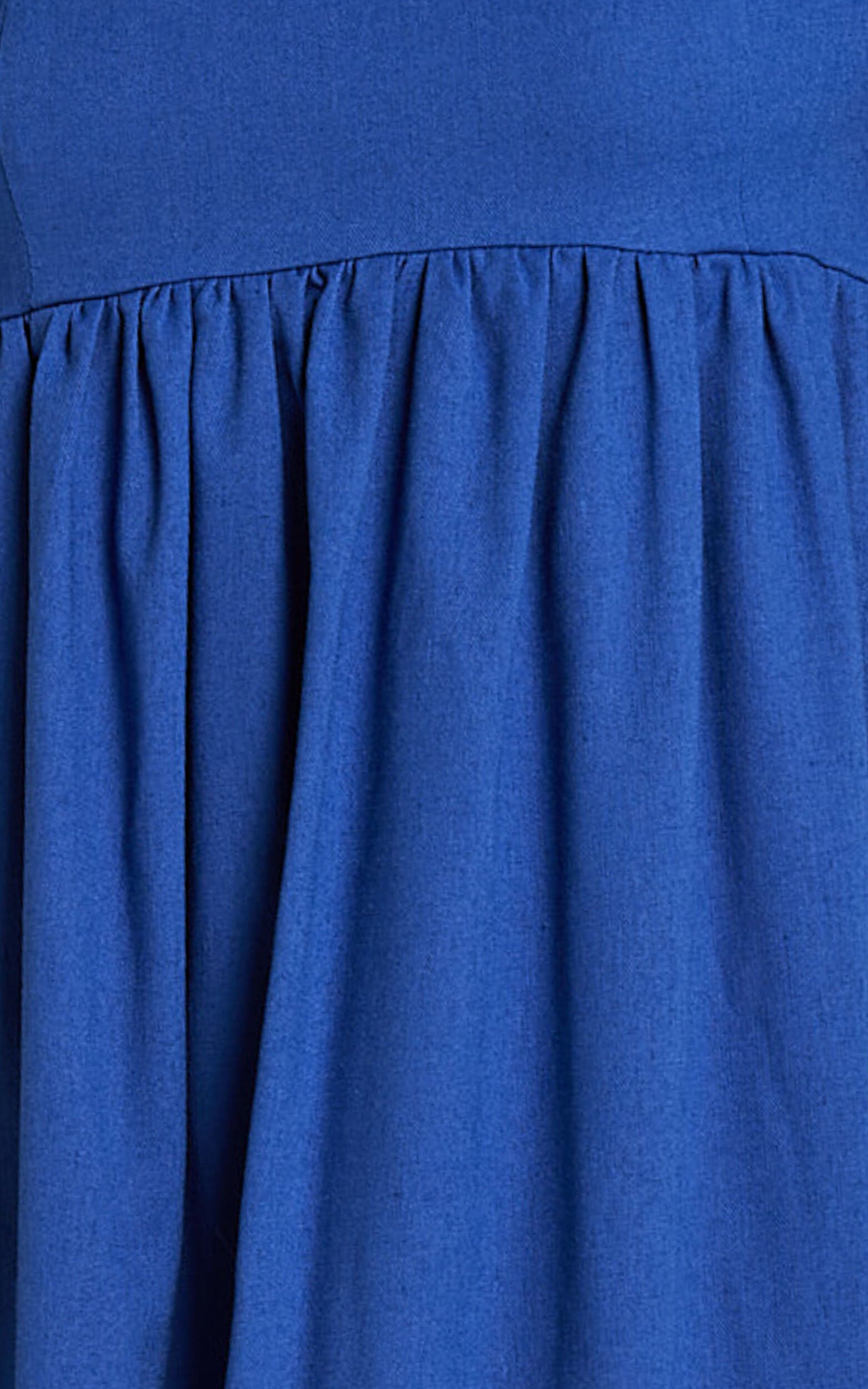 Cenia Midi Dress - Linen Straight Neck Shirred Back Puff Sleeve Dress in Bright Blue