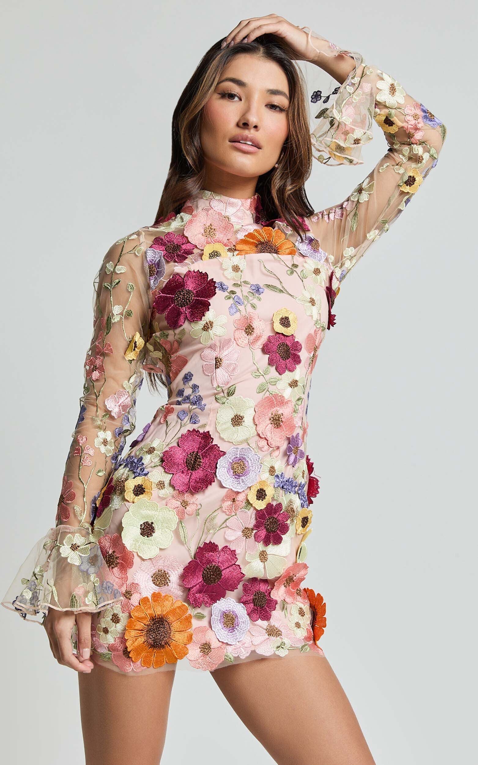 Albina Mini Dress - High Neck Long Sleeve Back Cut Out Dress in Pink