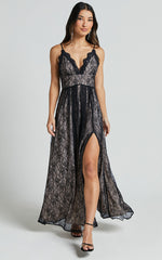 Leni Maxi Dress - Plunge Thigh Split Lace Dress in Black
