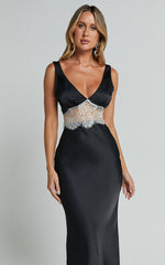 Juliet Midi Dress - V Neck Lace Insert Satin Slip Dress in Black/Beige