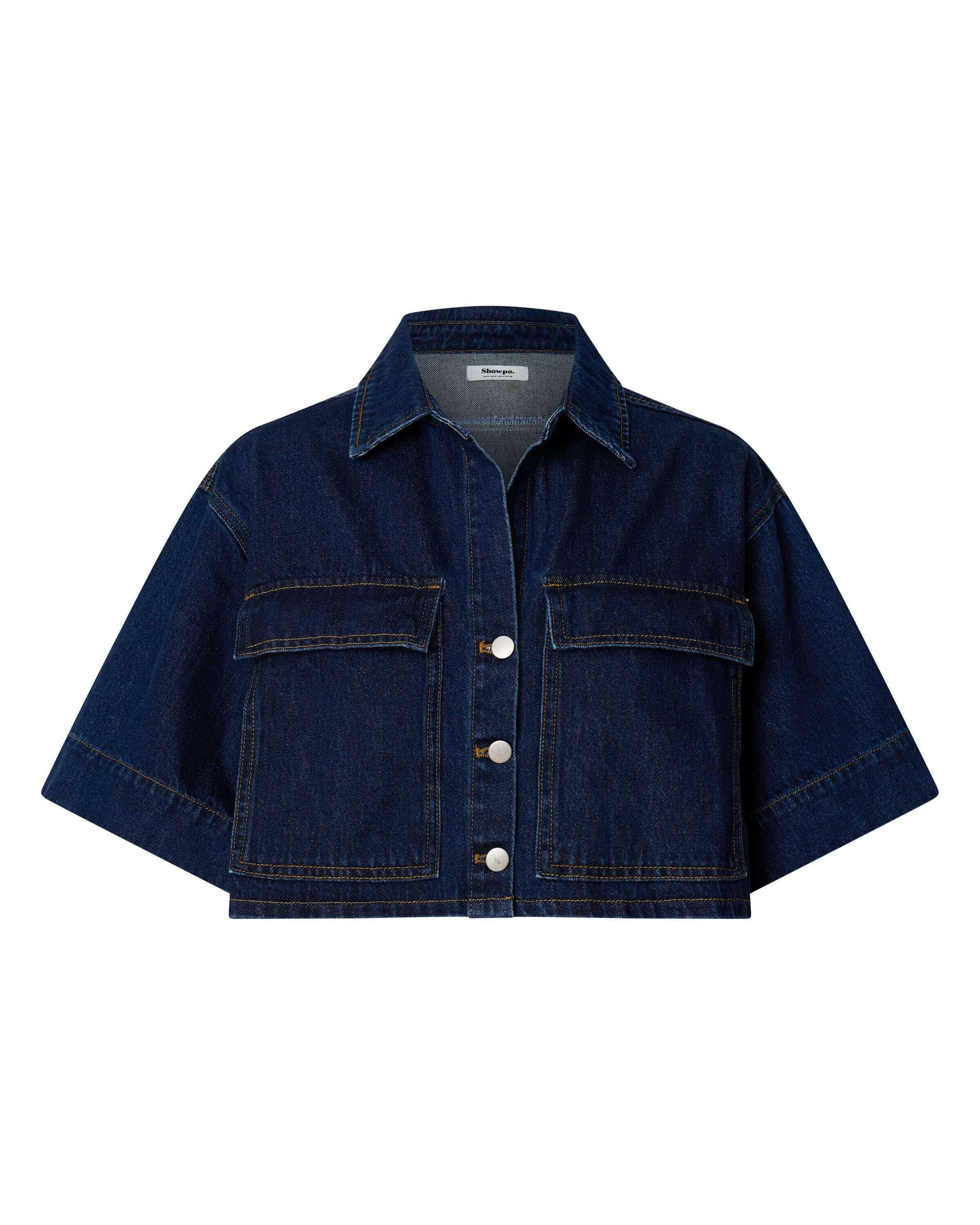 Katherine Top - Crop Button Down Collared Recycled Denim Short Sleeve Top in Dark Blue Wash