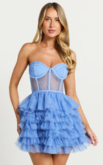 Amalie The Label - Meredith Strapless Tulle Tiered Bustier Mini Dress in Blue