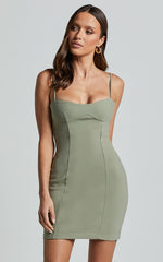Evie Mini Dress - Adjustable Sleeve Cup Bust Shift Dress in Olive