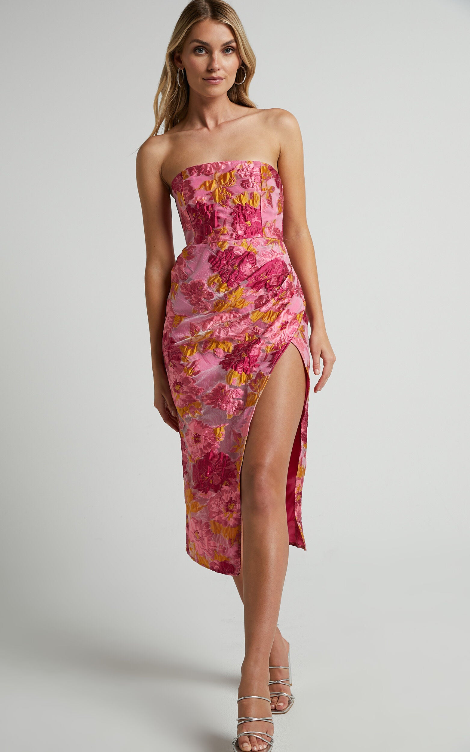 Brailey Midi Dress - Thigh Split Strapless Dress in Pink Jacquard