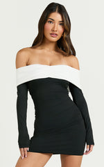 Amalita Mini Dress - Off Shoulder Contrast Long Sleeve Dress in Black & White