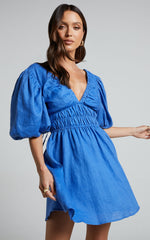 Amalie The Label - Khaila Linen Plunge Puff Sleeve Mini Linen Dress in Blue