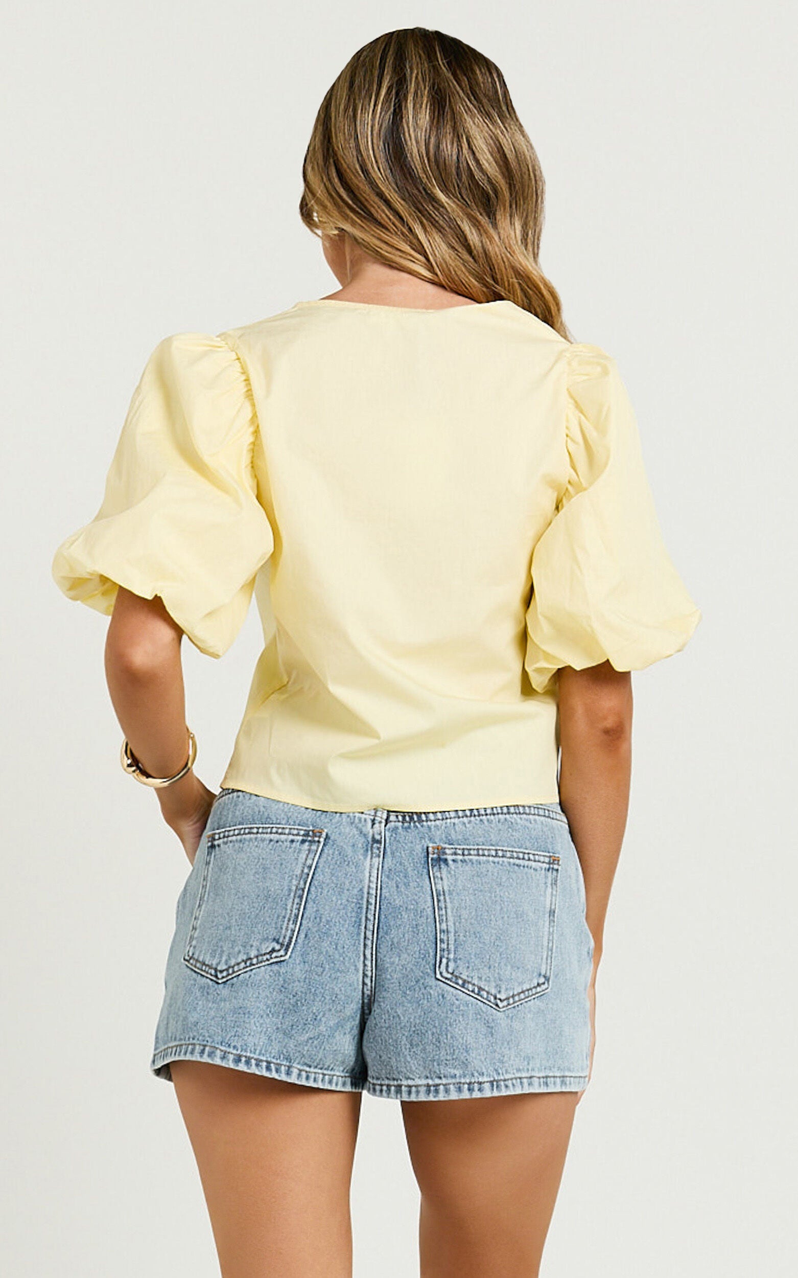 Dana Top - Bow Tie Front Puff Sleeve Blouse in Lemon