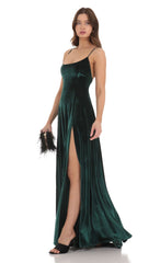 Velvet Double Slit Maxi Dress in Green