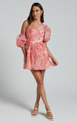 Charrie Mini Dress - One Shoulder Puff Sleeve Dress in Peach Jacquard