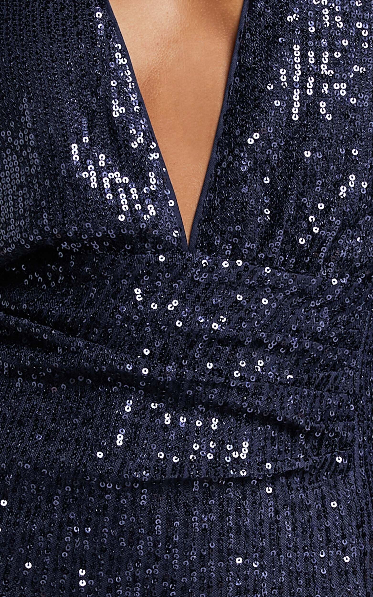 Arlington Midi Dress - Sequin Long Sleeve Dress in Midnight Navy