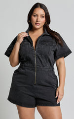 Mauriel Playsuit - Recycled Cotton Utility Playsuit in Washed Black