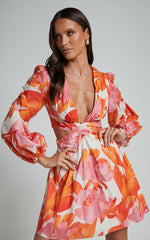 Ally Mini Dress - Plunge Neck Long Sleeve A Line Dress in Print