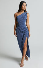 Cristle Midi Dress - One Shoulder Side Cut Out Thigh Split Dress in Steel Blue