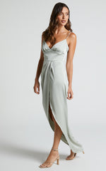 Azrael Midi Dress - V Neck Satin Tulip Dress in Sage