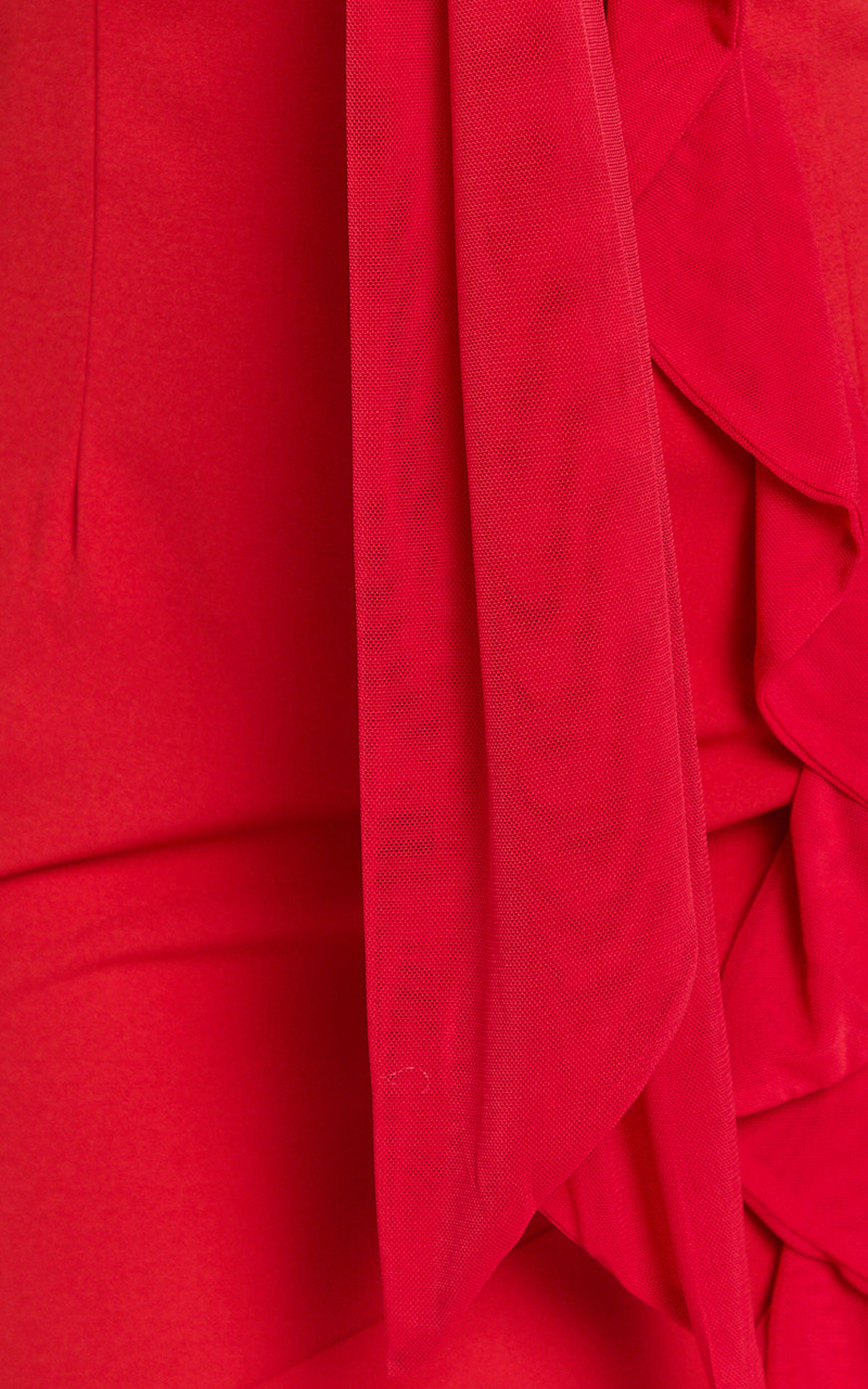 Lacie Maxi Dress - V Neck Bias Cut Ruffle Tie Front Dress in Red