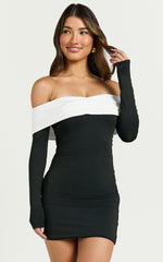 Amalita Mini Dress - Off Shoulder Contrast Long Sleeve Dress in Black & White