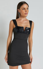 Heida Mini Dress - Square Neck Sequin Contrast Bodice Dress in Black