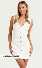 Kyla Mini Dress - V Neck Button Up Linen Vest Dress in Off White