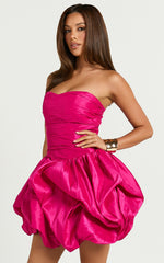 Deb Mini Dress - Ruched Strapless Bubble Hem Dress in Hot Pink