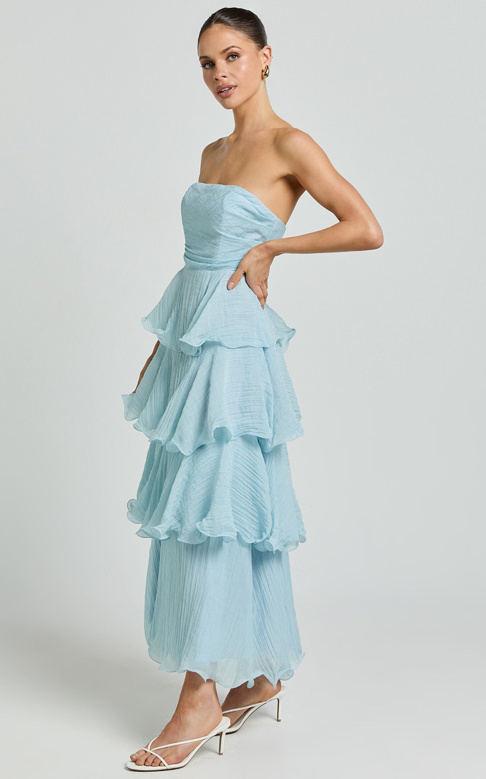 Jaiden Midi Dress - Strappless Layered Dress in Blue