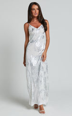 Robynne Maxi Dress - Strappy V Neck Slip Dress in White and Silver