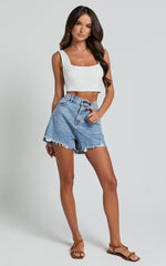 Renee Shorts - High Waisted Frayed Hem Denim Shorts in Light Blue Wash