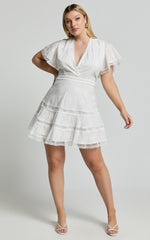 Ariana Mini Dress - V Neck Flutter Sleeve A Line in White
