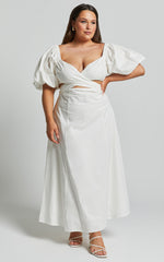 Amalie The Label - Janae Linen Blend Puff Sleeve Cut Out Midi Dress in White