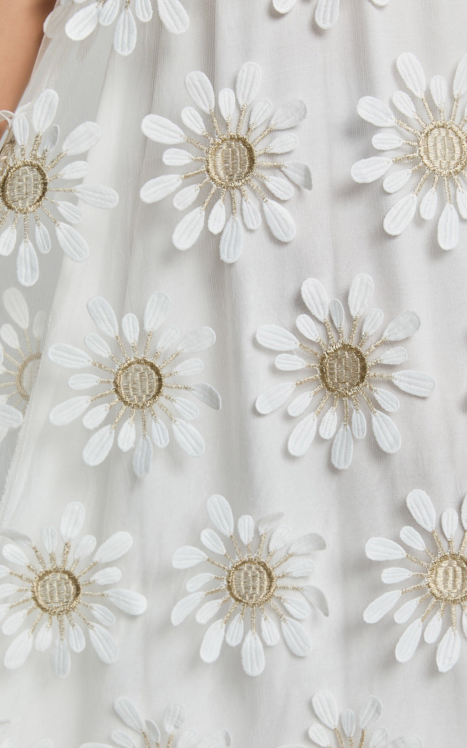 Candice Midi Dress - Straight Neck Floral Embroidery Detail Shift Dress in White