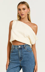 Collins Linen Top - Draped Asymmetrical Neckline Top in Stone