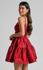 Britany Mini Dress - V Neck Tiered Strappy Tiered Fit and Flare Dress in Red
