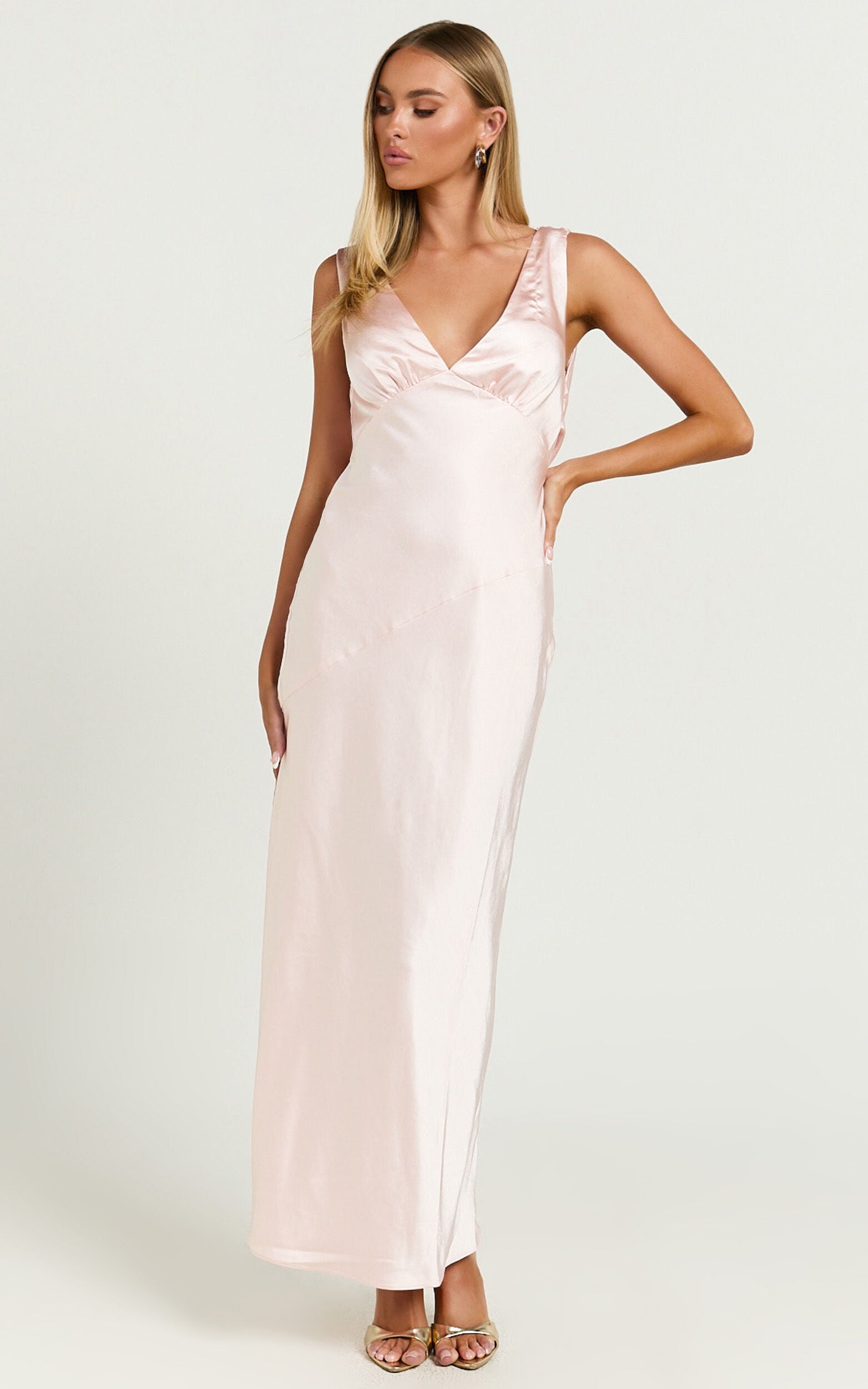 Brienne Midi Dress - Plunge Cowl Back Satin Dress in Soft Pink