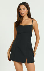 Hope Mini Dress - Strappy Back Straight Neck Fitted Dress in Black