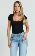 Raymond Bodysuit - Lace Square Neck Short Sleeve Bodysuit in Black