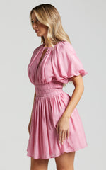 Michalka Mini Dress - Blouson Puff Sleeve Elasticised Waist in Pink