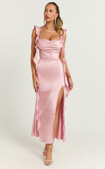 Tony Midi Dress - Frill Front Cowl Neck Dress in Pale Pink