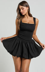Bridgette Mini Dress - Straight Neck Sleeveless Bubble Hem Dress in Black